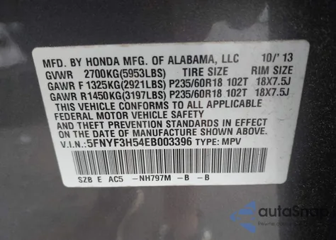 2014 Honda Pilot Ex-L from USA, damaged, VIN 5FNYF3H54EB003396